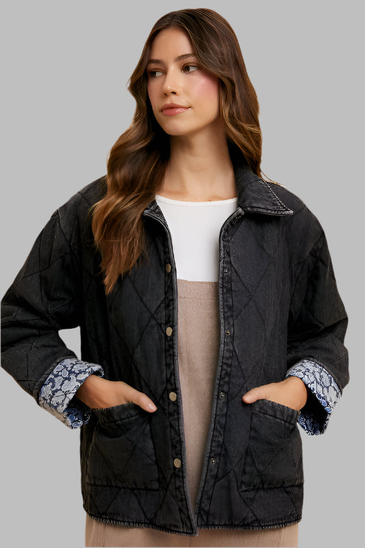 Annie Wear Quilted Printed Lining Snap Down Denim Jacket