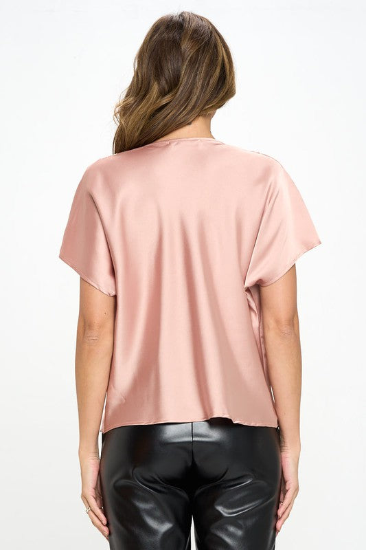 Satin Cowl Neck Short Sleeve Top