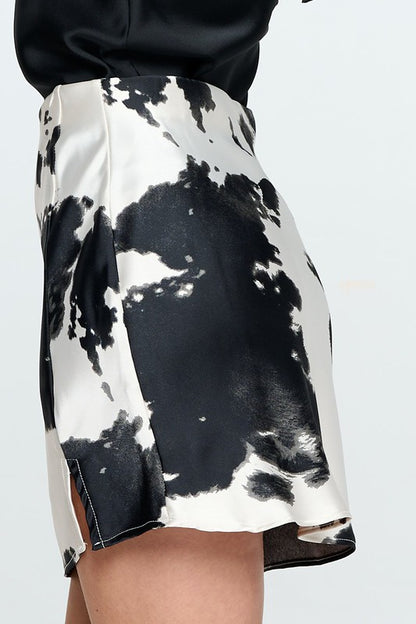 Made In Usa Cow Print Satin Mini Skirt With Slit