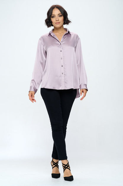 Stretch Satin V Neck Blouse With Collar