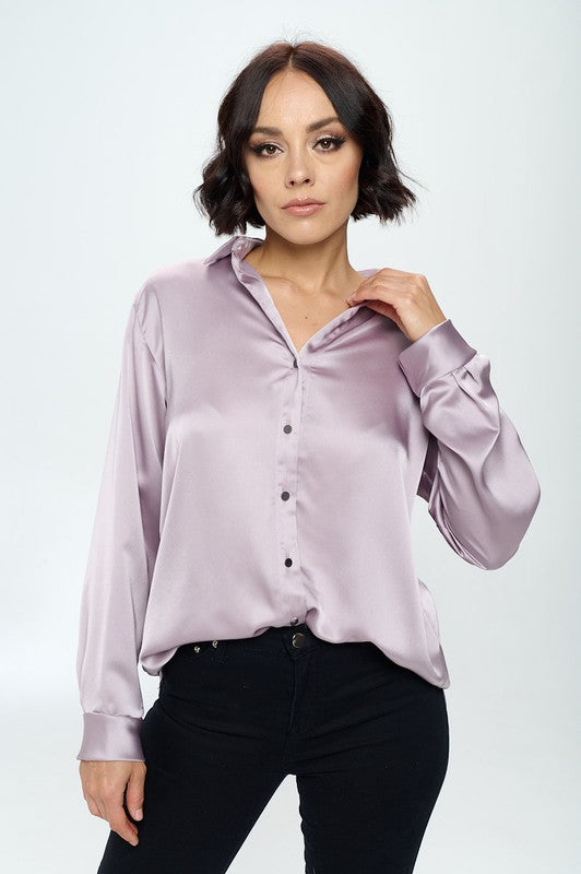 Stretch Satin V Neck Blouse With Collar