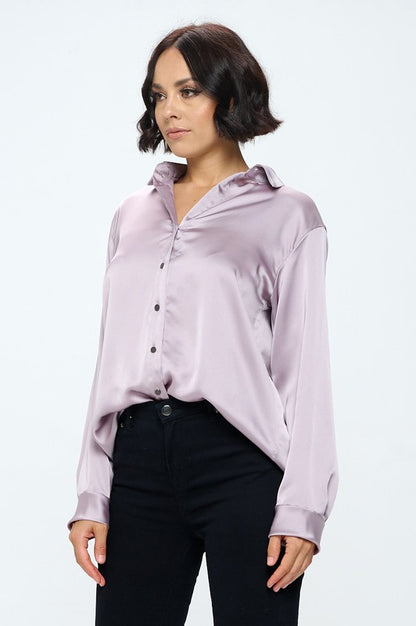 Stretch Satin V Neck Blouse With Collar