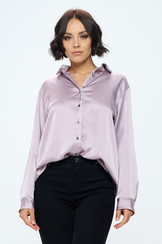 Stretch Satin V Neck Blouse With Collar