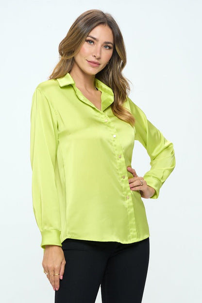 Stretch Satin V Neck Blouse With Collar