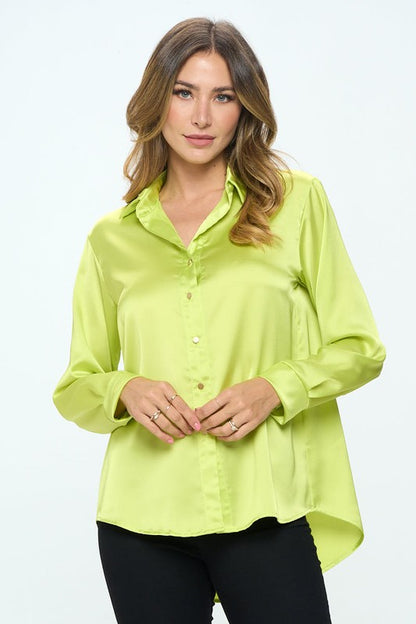 Stretch Satin V Neck Blouse With Collar