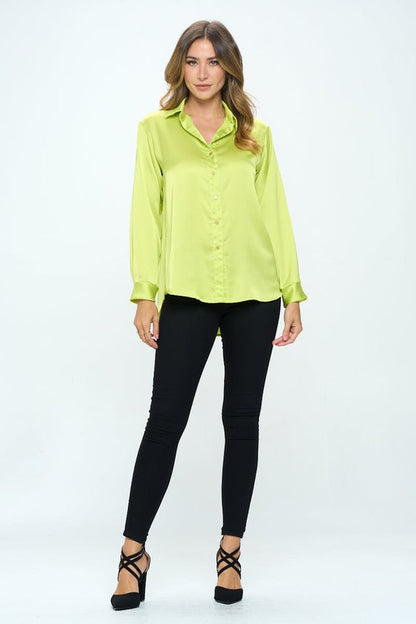 Stretch Satin V Neck Blouse With Collar