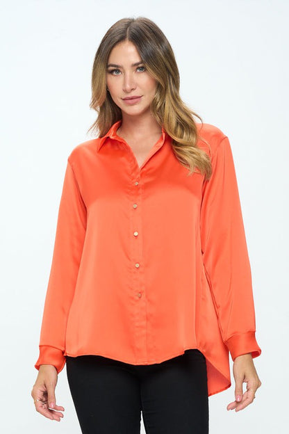 Stretch Satin V Neck Blouse With Collar