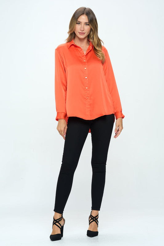 Stretch Satin V Neck Blouse With Collar