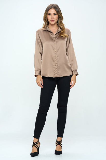 Stretch Satin V Neck Blouse With Collar