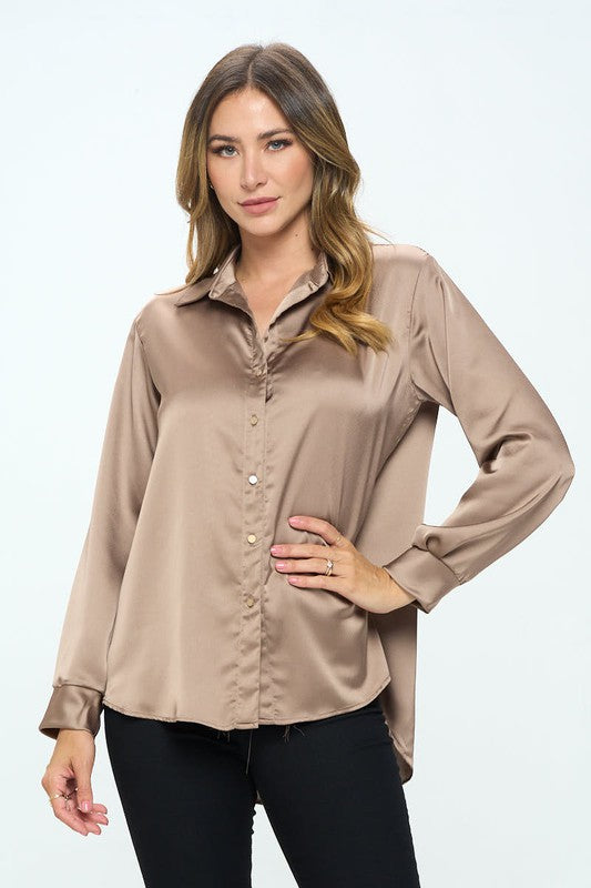 Stretch Satin V Neck Blouse With Collar