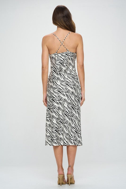 Zebra Print Satin Bias Slip Dress With Slit