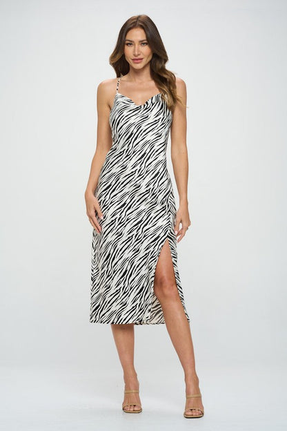 Zebra Print Satin Bias Slip Dress With Slit