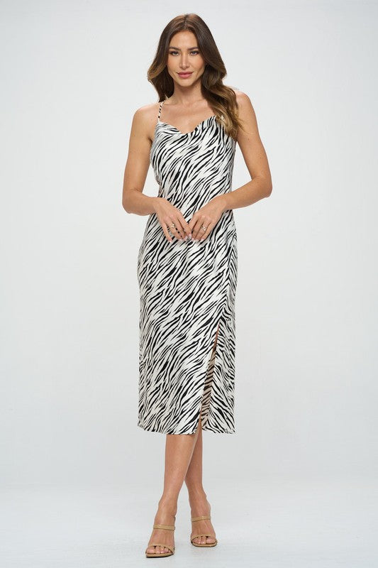 Zebra Print Satin Bias Slip Dress With Slit