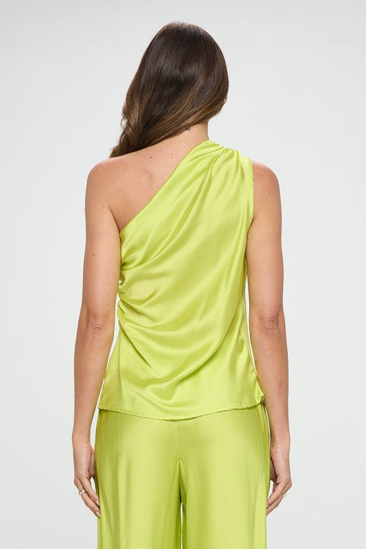 Silky Satin One Shoulder Ruched Top