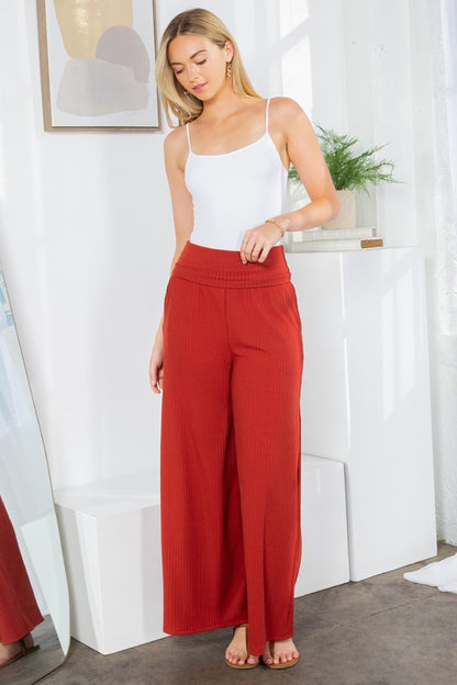 Wide Leg Ribbed Pants With Side Pockets