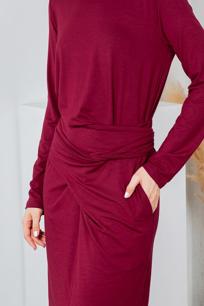 Waist Wrap Dress-With Pockets-Solid