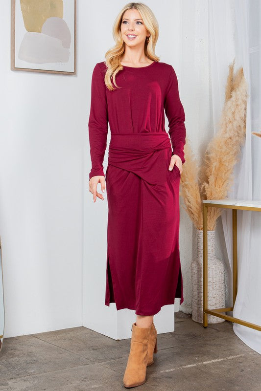 Waist Wrap Dress-With Pockets-Solid