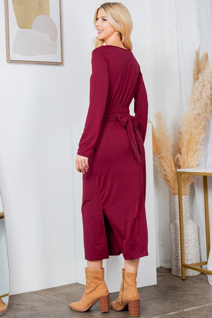 Waist Wrap Dress-With Pockets-Solid