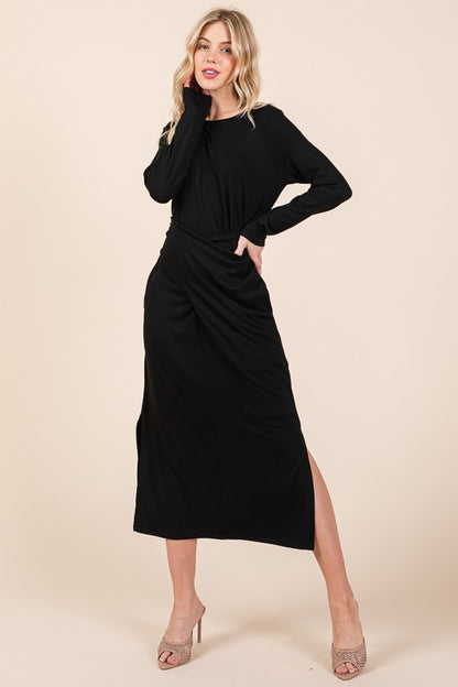 Waist Wrap Dress-With Pockets-Solid