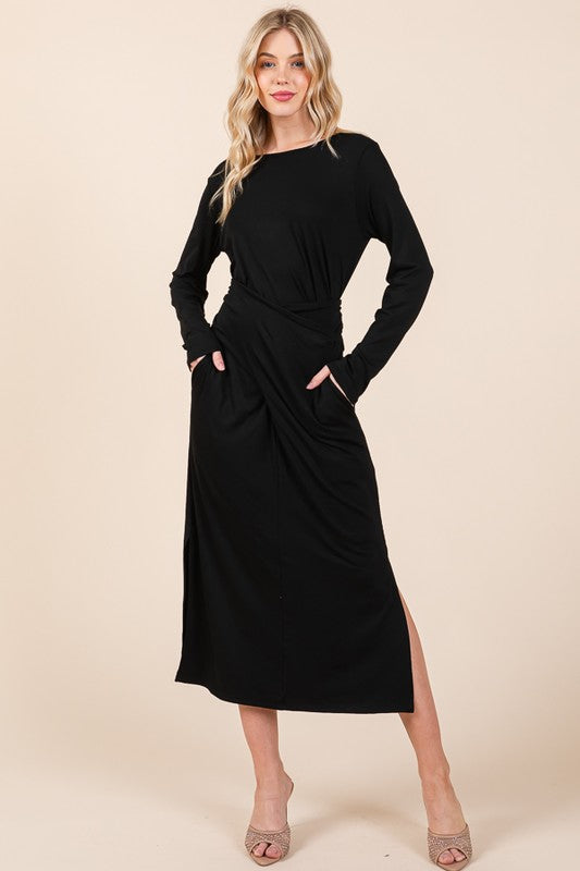 Waist Wrap Dress-With Pockets-Solid