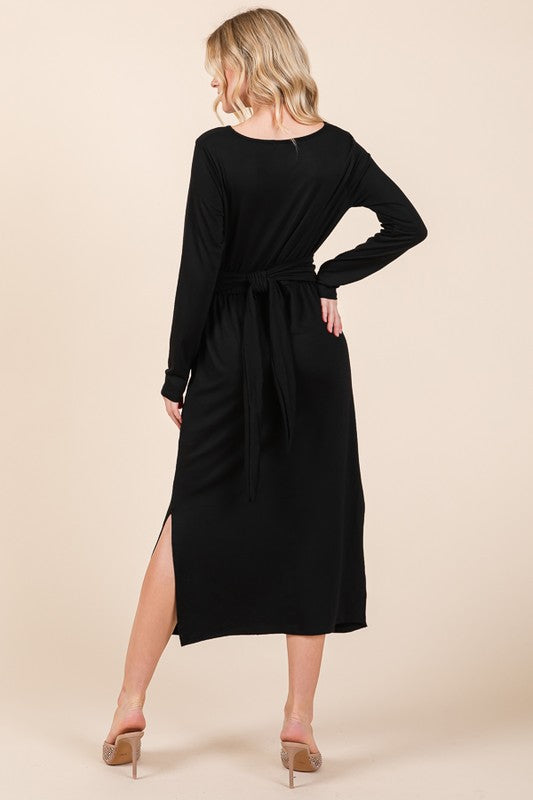 Waist Wrap Dress-With Pockets-Solid