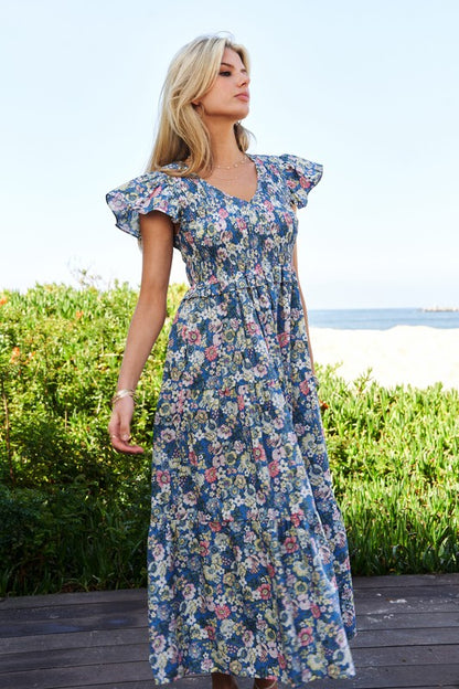 Vintage Garden Floral Flutter Smocking Midi Dress