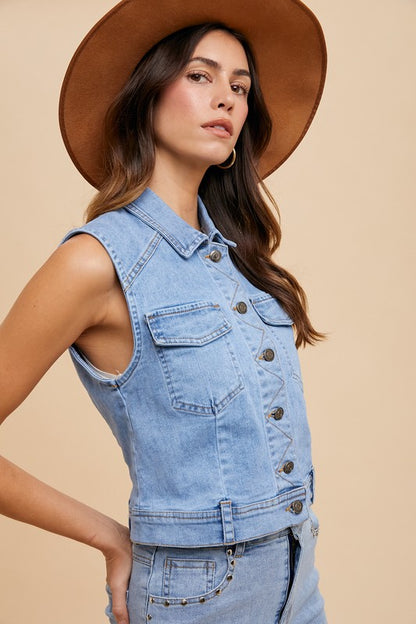 Annie Wear Collared Neck Button Down Denim Vest