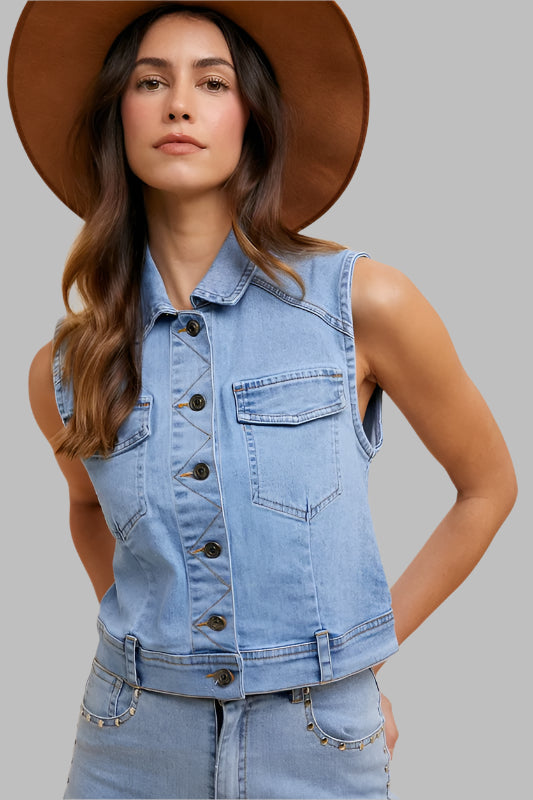 Annie Wear Collared Neck Button Down Denim Vest