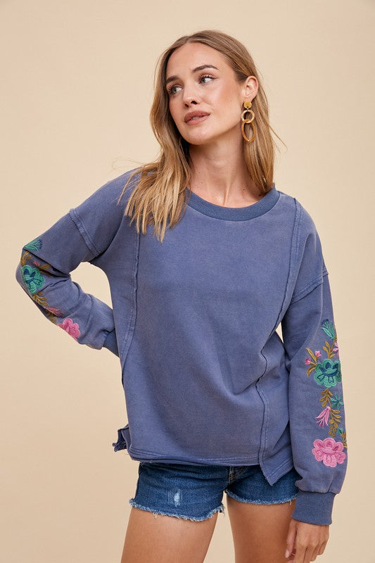 Annie Wear Embroidered Long Sleeve French Terry Top